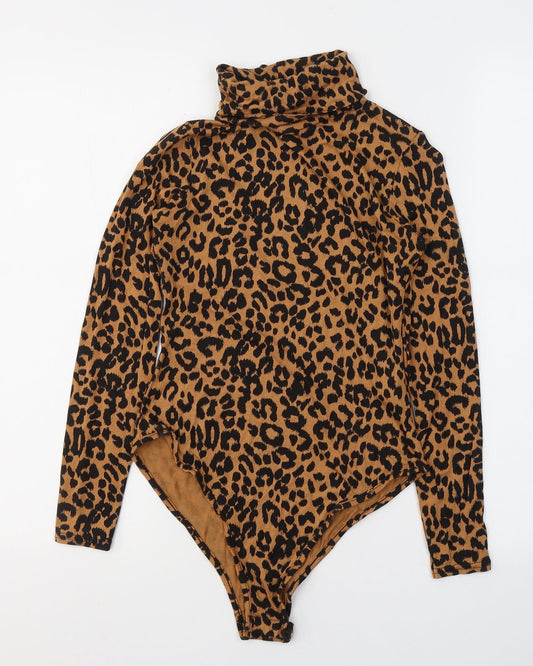 PRETTYLITTLETHING Womens Orange Animal Print Viscose Bodysuit One-Piece Size 6 Button