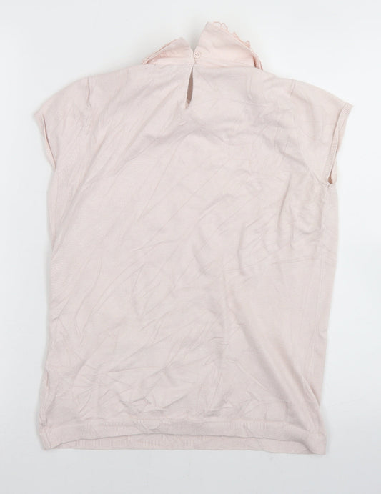 Warehouse Womens Pink Viscose Basic T-Shirt Size 12 Collared - Lace trim Neckline