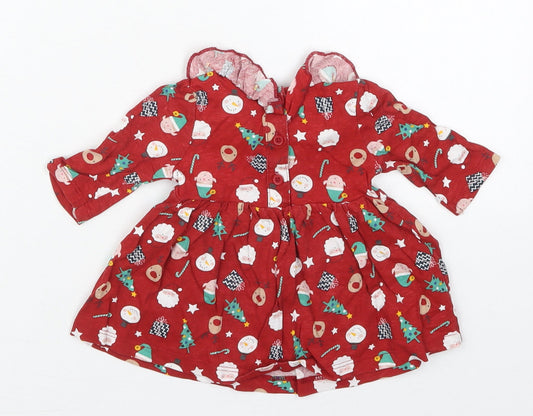 Matalan Girls Red Cotton Skater Dress Size Newborn Round Neck Pullover - Christmas Prints