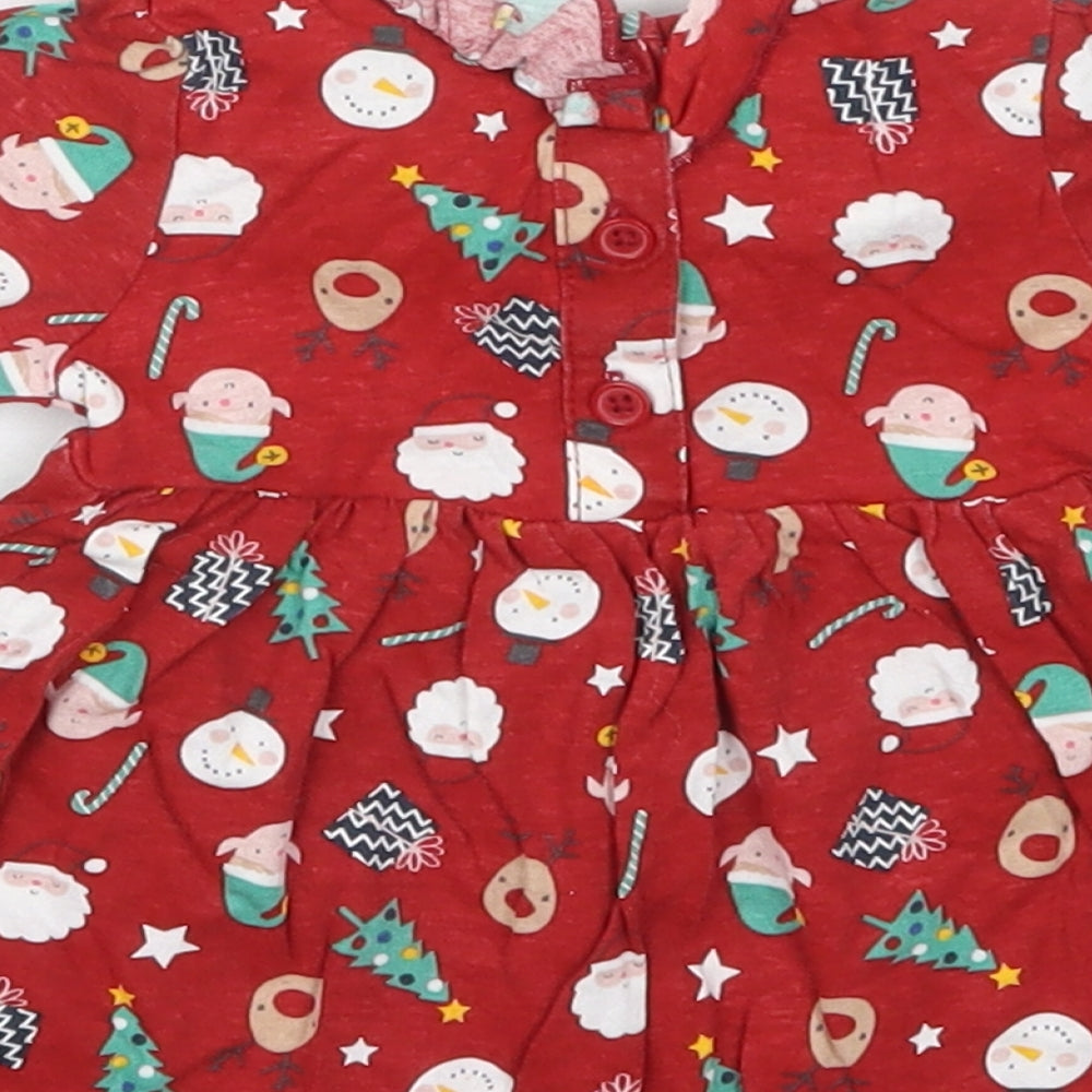 Matalan Girls Red Cotton Skater Dress Size Newborn Round Neck Pullover - Christmas Prints