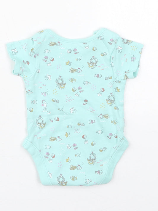 George Girls Blue Cotton Babygrow One-Piece Size Newborn Button - Mermaids Shells Fish