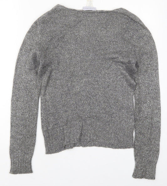 Linear Womens Grey V-Neck Acrylic Pullover Jumper Size M
