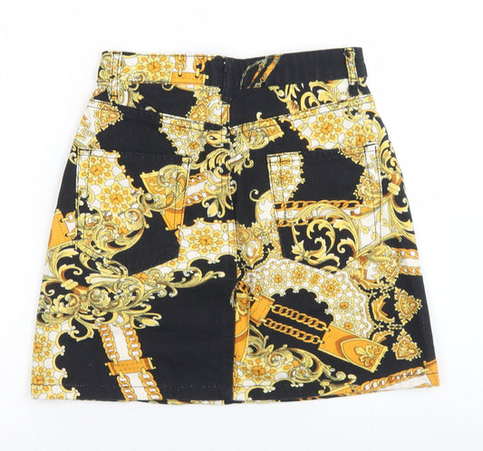 Stradivarius Womens Black Paisley Cotton A-Line Skirt Size 6 Button