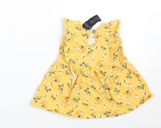 Cynthia Rowley Girls Yellow Floral Cotton T-Shirt Dress Size 12 Months Round Neck Button