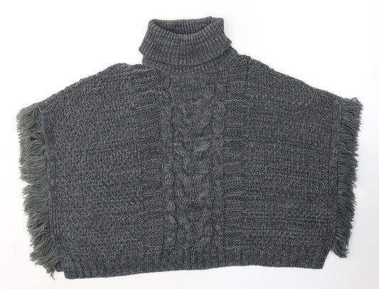 NEXT Girls Grey Roll Neck Acrylic Cape Jumper Size 7-8 Years Pullover