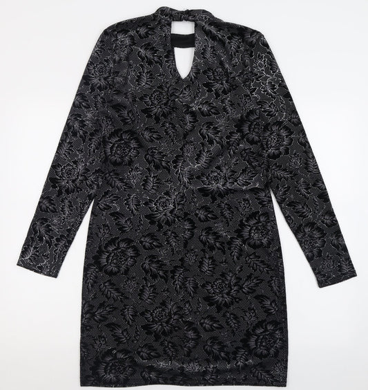 Oasis Womens Black Geometric Polyester A-Line Size M Halter Button