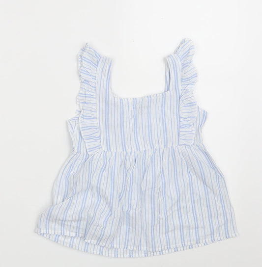 Jeff&Co Girls White Striped 100% Cotton A-Line Size 5-6 Years Square Neck Button