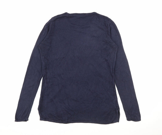 Isabelle Womens Blue Round Neck Acrylic Pullover Jumper Size S - Floral Embroidery
