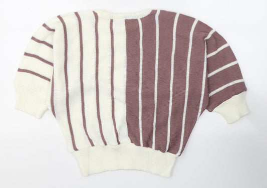 Genetics Womens White Round Neck Striped Acrylic Pullover Jumper Size 14