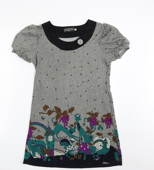 Pepper Tree Womens Grey Floral Cotton T-Shirt Dress Size M Scoop Neck Pullover - Cat