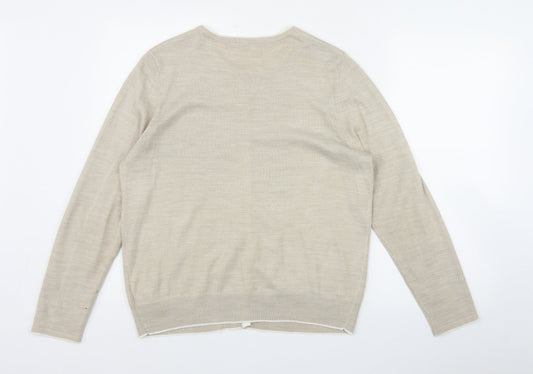 Classic Womens Beige Round Neck Acrylic Cardigan Jumper Size 14