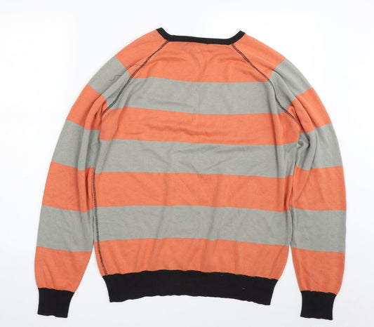 Lime Mens Orange Crew Neck Striped Cotton Pullover Jumper Size L - Colourblock