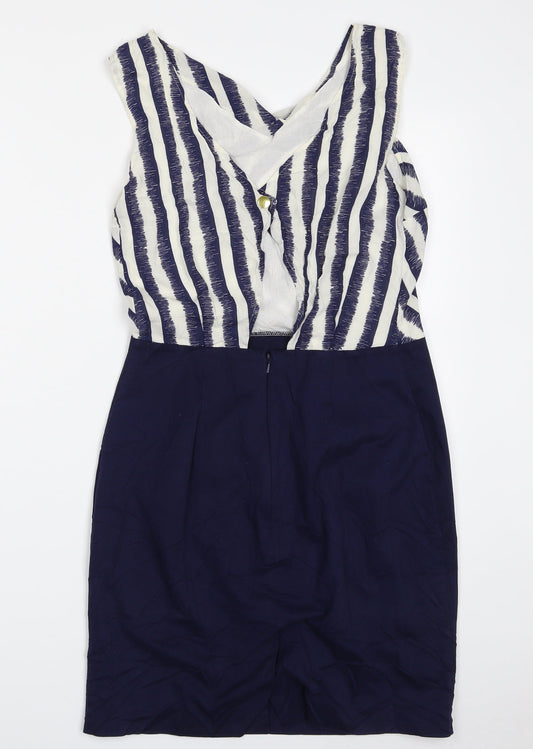 Warehouse Womens Blue Striped Viscose Shift Size 10 V-Neck Zip