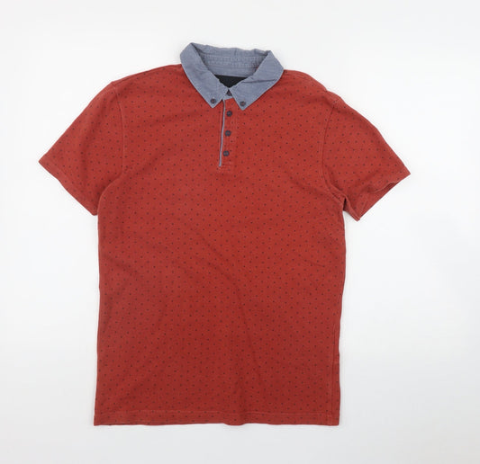NEXT Mens Orange Polka Dot Cotton Polo Size S Collared Button