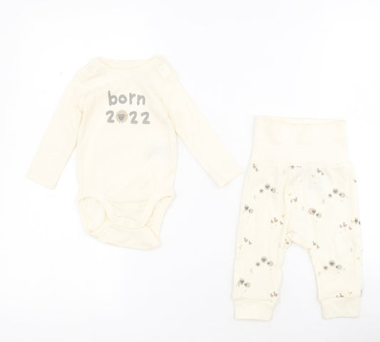 H&M Baby Beige 100% Cotton Dress Set Outfit/Set Size 0-3 Months Snap - Sheep