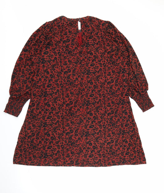 NEXT Womens Red Animal Print Viscose Sheath Size 14 Crew Neck Button