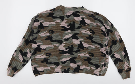 H&M Womens Multicoloured High Neck Camouflage 100% Cotton Pullover Jumper Size XS