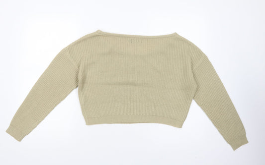 PRETTYLITTLETHING Womens Beige Boat Neck Acrylic Pullover Jumper Size S - Cropped