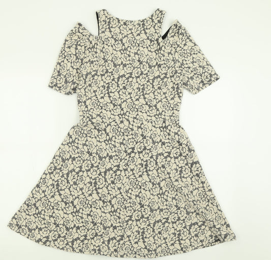 Topshop Womens Ivory Floral Cotton Fit & Flare Size 12 Crew Neck Pullover - Cold Shoulder