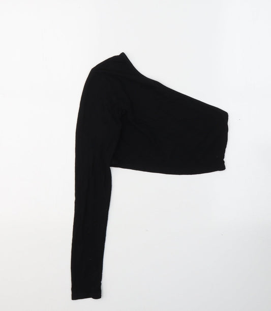 PRETTYLITTLETHING Womens Black Viscose Cropped Blouse Size 6 One Shoulder