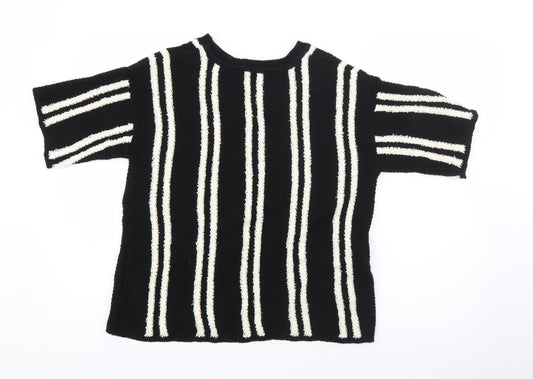 Marks and Spencer Womens Black Crew Neck Striped Cotton Pullover Jumper Size 14