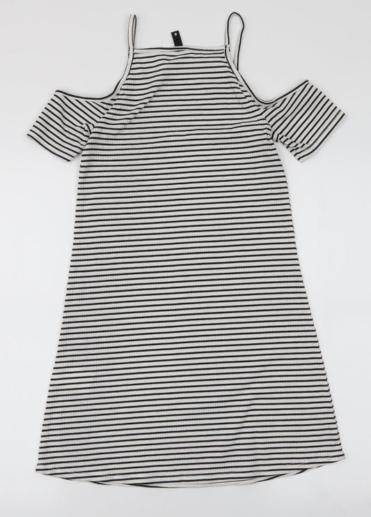 H&M Womens White Striped Polyester A-Line Size 6 High Neck Pullover - Cold shoulder