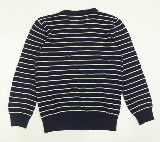 Fredrick Anderson Womens Blue Crew Neck Striped Cotton Pullover Jumper Size M