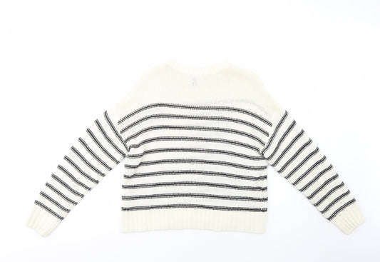 New Look Womens White Crew Neck Striped Acrylic Pullover Jumper Size S
