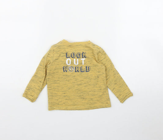 F&F Boys Yellow Cotton Basic T-Shirt Size 12-18 Months Round Neck Snap - 'Look out worls'