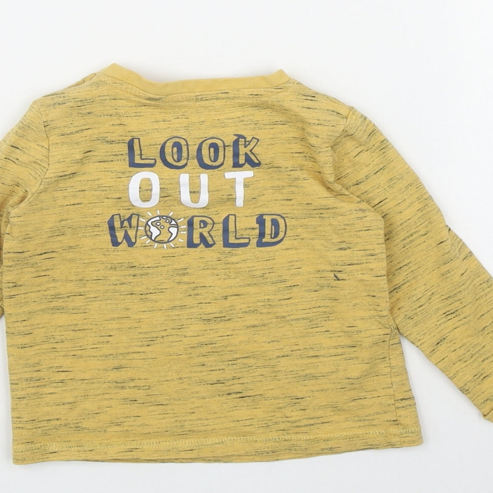 F&F Boys Yellow Cotton Basic T-Shirt Size 12-18 Months Round Neck Snap - 'Look out worls'