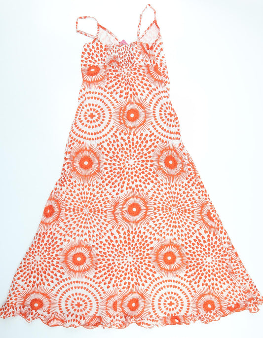 Satsu Womens Orange Geometric Cotton Trapeze & Swing Size 8 Round Neck