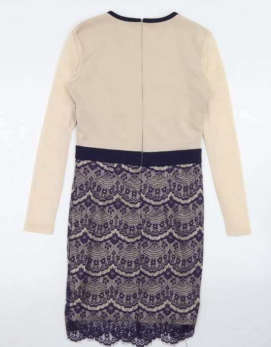 Boohoo Womens Beige Polyester Pencil Dress Size 10 Round Neck Zip - Lace