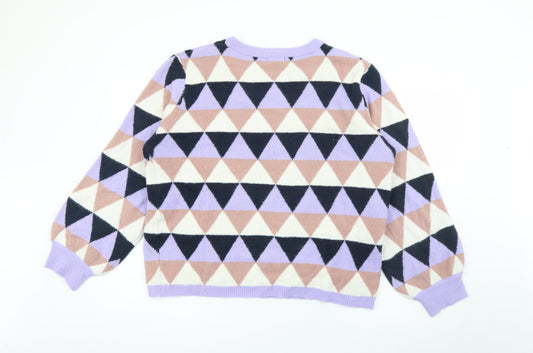 JDY Womens Purple Crew Neck Geometric Acrylic Pullover Jumper Size 2XL