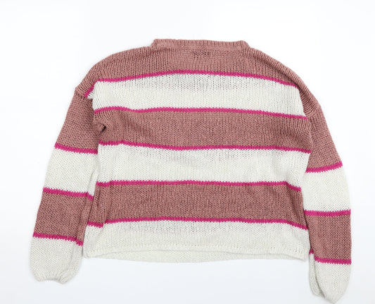 Only Womens Pink Crew Neck Striped Acrylic Pullover Jumper Size M