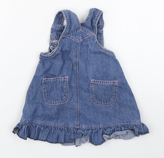 St Bernard Girls Blue 100% Cotton Pinafore/Dungaree Dress Size 6-9 Months Square Neck Button - Flower