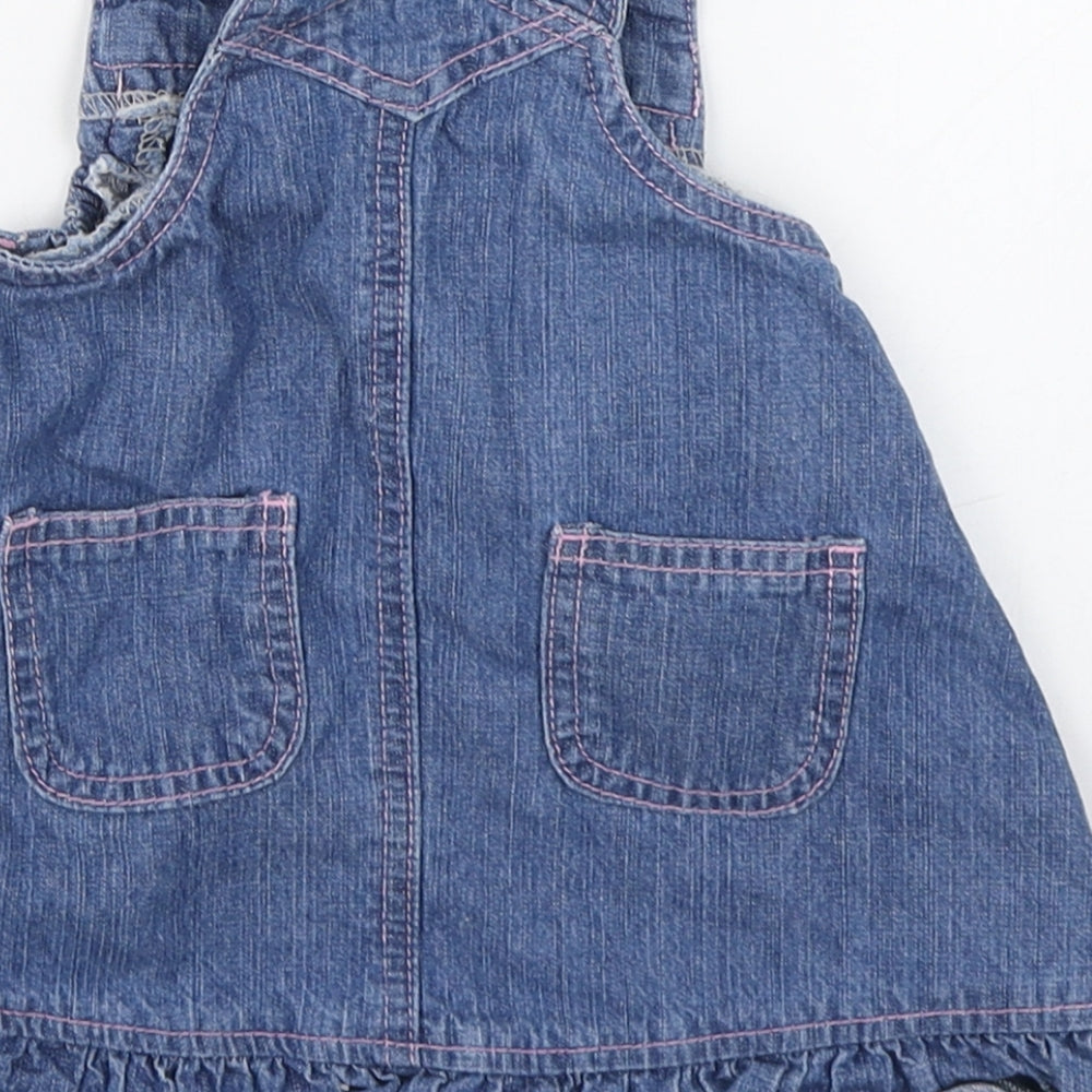 St Bernard Girls Blue 100% Cotton Pinafore/Dungaree Dress Size 6-9 Months Square Neck Button - Flower