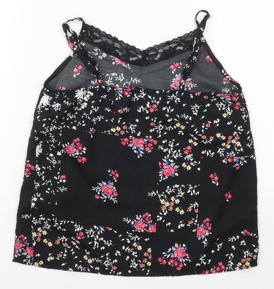 Only Womens Black Floral Polyester Basic Tank Size 6 V-Neck