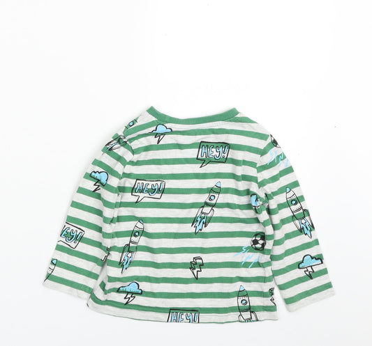 F&F Boys Green Striped Cotton Pullover T-Shirt Size 12-18 Months Crew Neck Pullover - Football