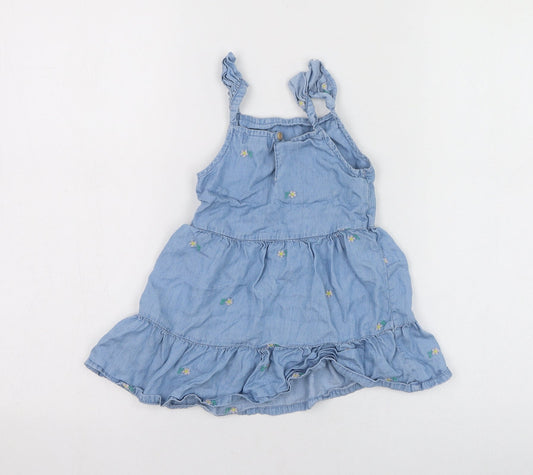 Primark Girls Blue Lyocell Skater Dress Size 24 Months Square Neck Pullover - Flower
