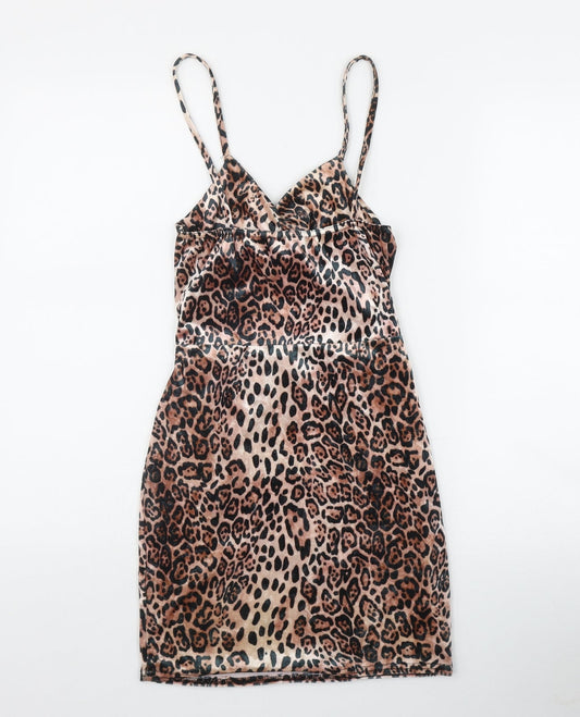 IX London Womens Brown Animal Print Polyester Bodycon Size 8 V-Neck Pullover