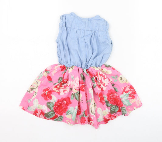Preworn Girls Pink Floral Cotton Skater Dress Size 2 Years Round Neck Button