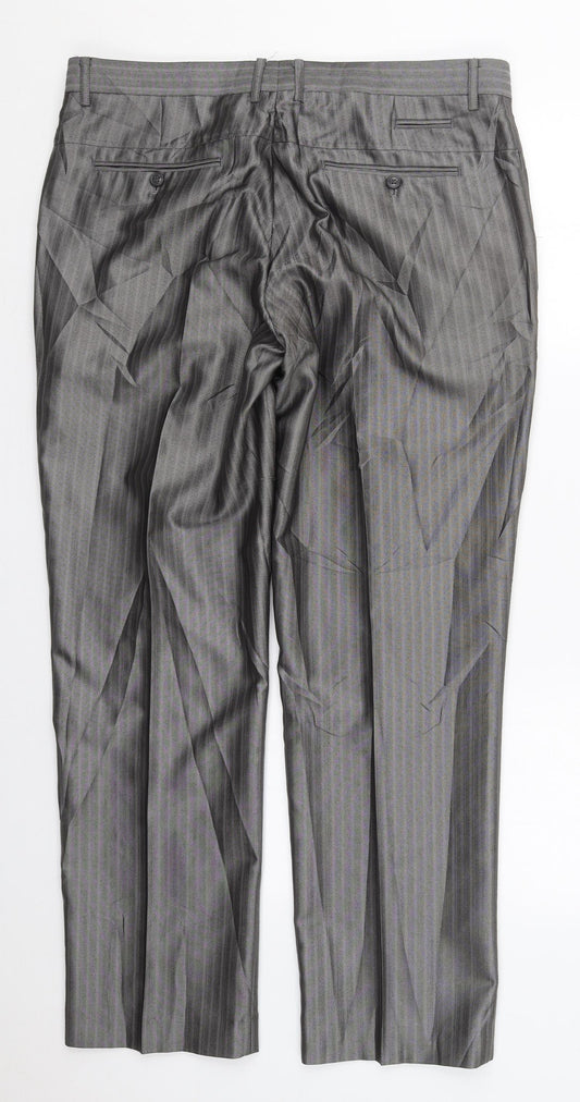 Milan Collection Mens Grey Striped Polyester Trousers Size 37 L30 in Regular Button