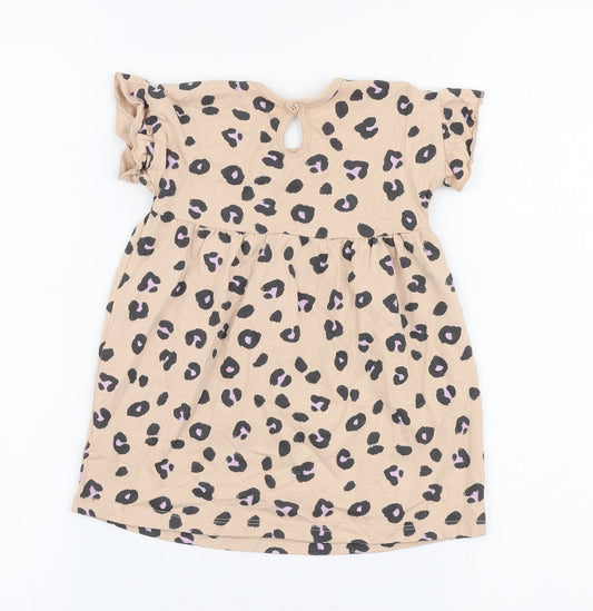 George Girls Beige Animal Print 100% Cotton Skater Dress Size 9-12 Months Round Neck Pullover