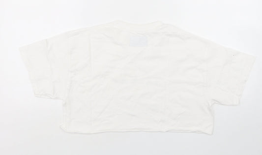 PRETTYLITTLETHING Womens White Cotton Cropped T-Shirt Size S Round Neck