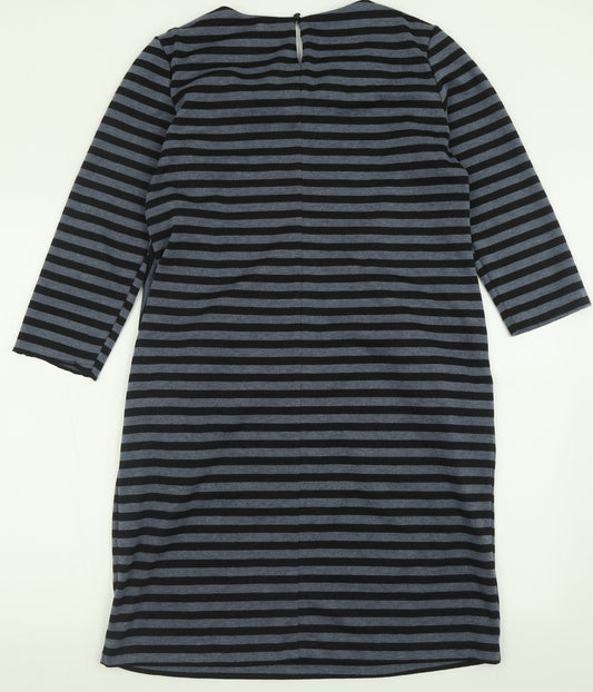 pomodoro Womens Grey Striped Polyester A-Line Size 14 Crew Neck Button