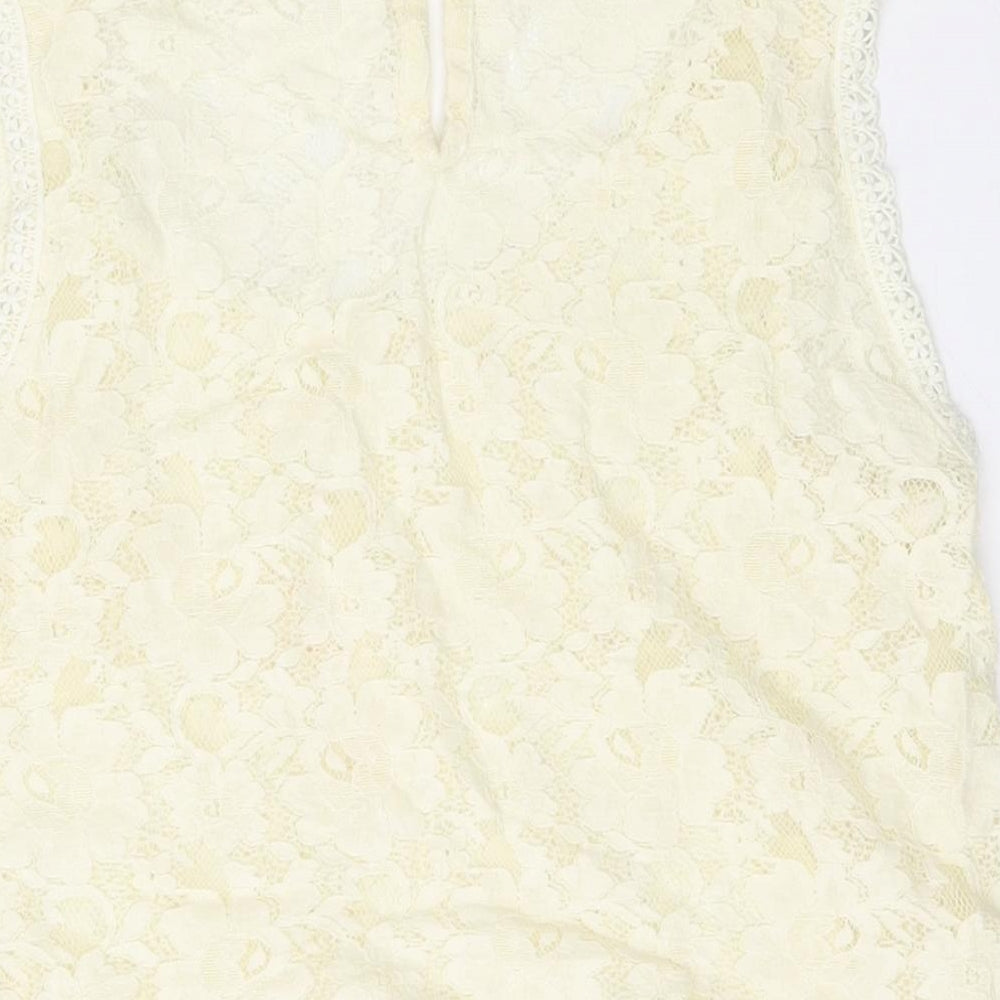 LIly J Womens Beige Floral Basic Blouse Round Neck