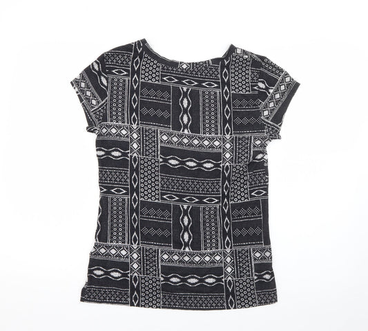 H&M Womens Blue Geometric Viscose Basic T-Shirt Size M Boat Neck