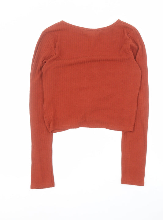 New Look Womens Orange Polyester Cropped T-Shirt Size 8 Round Neck - Ribbed