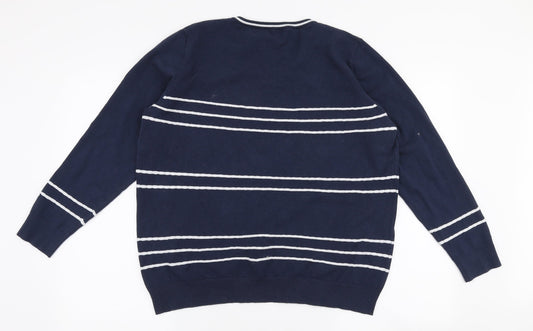 Padrais Mens Blue V-Neck Striped Polyester Pullover Jumper Size XL