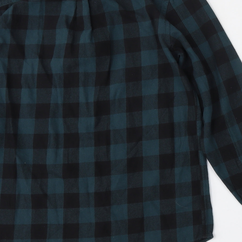 River Island Mens Green Plaid Cotton Button-Up Size S Mock Neck Button